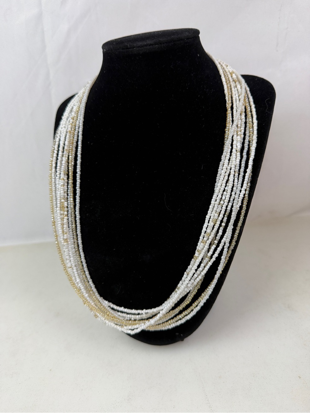 Multi Strand White Gold Seed Bead Necklace Boho Layered Artisan Statement